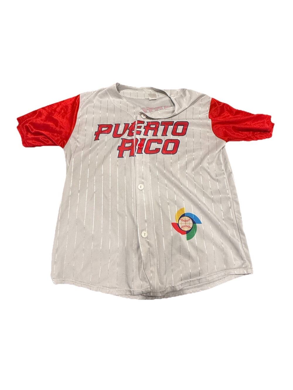 Puerto Rico Baseball Jersey Gray Red Pinstripe Button Front See Measurements